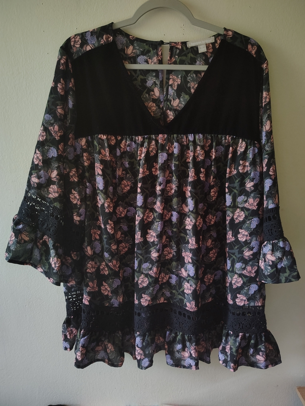 Woman Within Tunic Top Plus 22/24 Floral Velvet Boho Flowy Ruffle Eyelet Casual